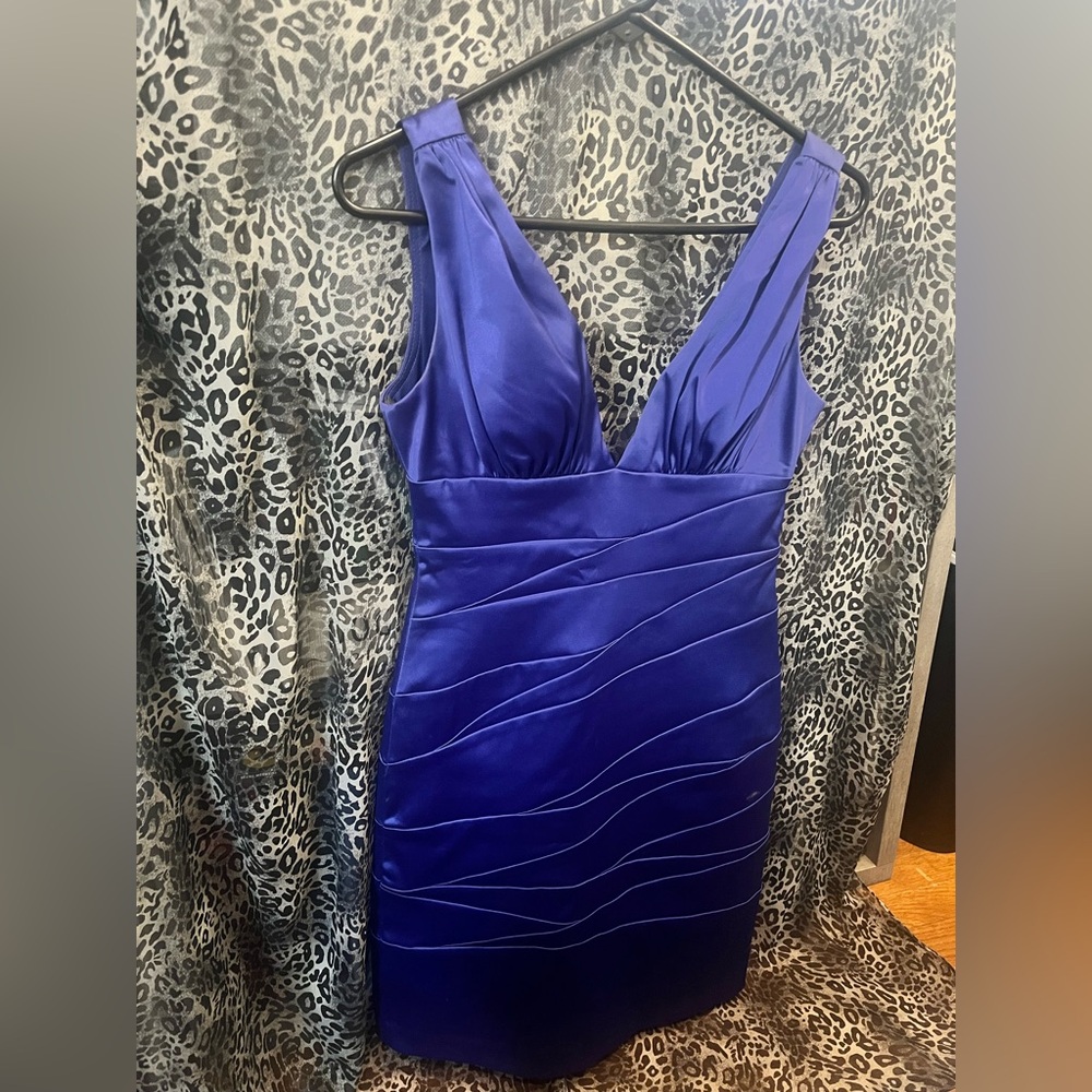 Satin V-Neck Midi Dress in Cobalt Blue